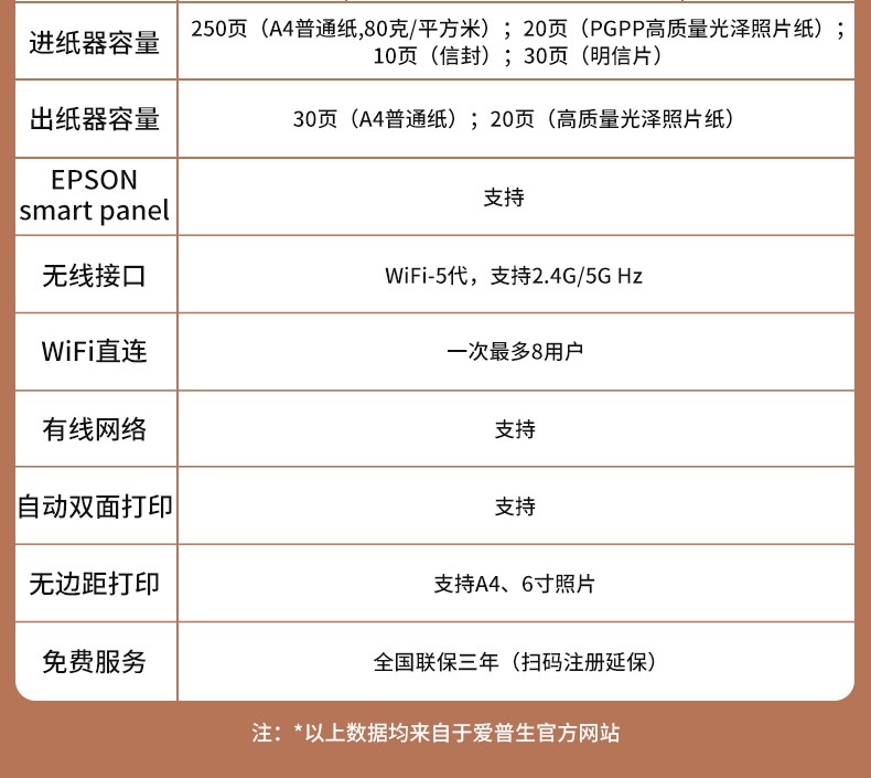 爱普生（EPSON）彩色有线无线办公打印机墨仓式连供喷墨一体机带纸盒 L6278（双面打印/连续复印扫描/250页纸盒）